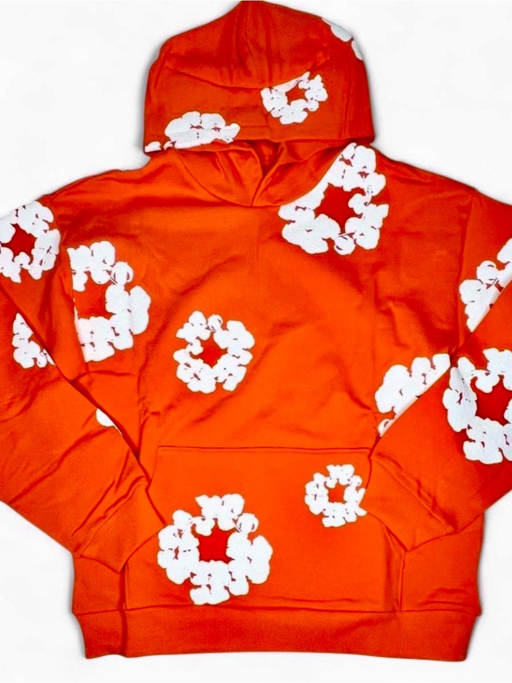 Denim Tears Men's Orange Hoodie with White Floral Print XL